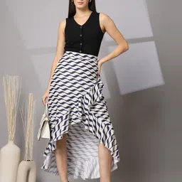 wordope Women Floral Print Asymetric White, Dark Blue Skirt image 5