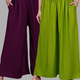 valles365 by s.c. Pack of 2 Women Flared Light Green, Purple Viscose Rayon Trousers-picture-18