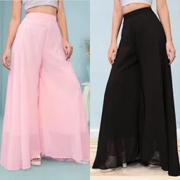 uniqvibs Pack of 2 Women Flared Pink, Black Georgette Trousers-picture-41