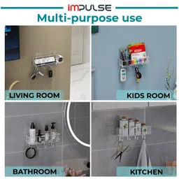 impulse by plantex Self-Adhesive Multipurpose Bathroom Shelf with Hooks/Towel Holder for Bathroom Stainless Steel Wall Shelf image 4
