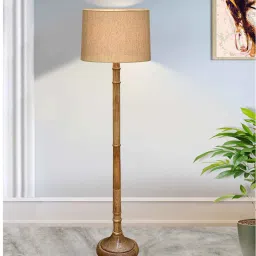 homesake Rustic Wood Floor Lamp in Walnut Brown with Multicolor Fabric Shade, Dome Base, Jute image 1