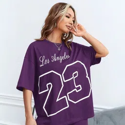 christy world Women Graphic Print Round Neck Pure Cotton Purple T-Shirt image 1
