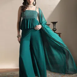 globus Women Georgette Ethnic Top Palazzo Dupatta Set-picture-12