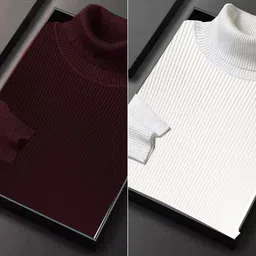 fashlook Men Solid High Neck White, Maroon Sweater-picture-17