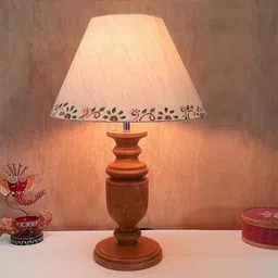 disoo fashions Handmade Trophy Design Distress Finish Wooden Lamp with Cotton Shade (Light Brown & Beige) image 1