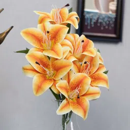 casacraft from pepperfry Elegant Artificial Orange Lily Flower Bunch Real Touch Decorative Bouquet For Home & Events (Orange) image 3