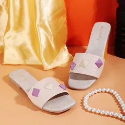 DressBerry Beige Embellished Open Toe Flats image 3