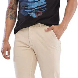 spykar Men Regular Fit Beige Cotton Blend Trousers image 2