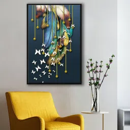 999store Multi Colorful Feathers With Flying White Butterfly Golden Line Modern Art Canvas Art Print image 1