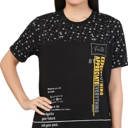 shaun Women Self Design Round Neck Cotton Blend Black T-Shirt image 2