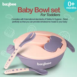 baybee Baby Feeding Bowl with Lid, Suction Cup, Spoon & Fork Cutlery Set, Tableware Kit - BPA free Plastic and silicone image 2