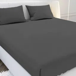 mayfair homes london Grey Solid 210 TC Cotton Queen Sized Double Bedsheet with 2 Pillow Covers Satin Stripe 2024 Collection image 1