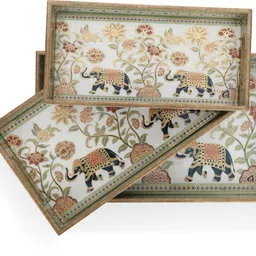 quantcomm Handicarft Wooden Tray Set of 3 For Serving Tea/Coffee/Snacks Wood Decorative Platter image 2