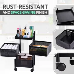 kuber industries Fruits/Vegetables Kitchen Rack 3-Layer Revolving Multipurpose Storage Rack with Wheels | Black Iron image 4