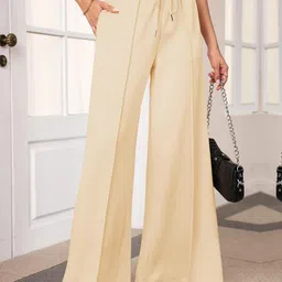 q-rious Women Flared Beige Cotton Blend Trousers image 2