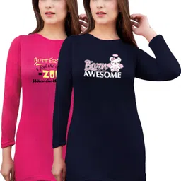 amaha Pack of 2 Women Printed Round Neck Cotton Blend Dark Blue, Pink T-Shirt-picture-19