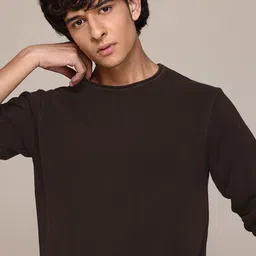 roadster Men Solid Round Neck Brown Sweater-picture-11