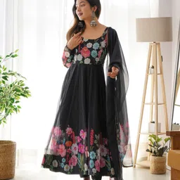 sajavat ethenic wear REAL MODELING PURE SOFT ORGANJA SILK FABRIC FULLY FLAIR KALI PATTERN Floral Print Anarkali Kurta, Bottom & Dupatta Set image 1