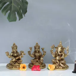 rhapsodically made Laxmi ,Ganesh & Saraswati Set Of 3 Gold Brass Idols-picture-18