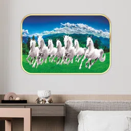 saf 7 Running Horses Sparkle lamination Round Golden Framed Large Painting Digital Reprint 14 inch x 20 inch Painting image 3