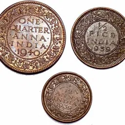 hariom 1940-42 - BRITISH INDIA 1 QUARTER ANNA, 1/2 PICE, 1/12 PICE BRONZE 3 COINS SET Ancient Coin Collection image 4