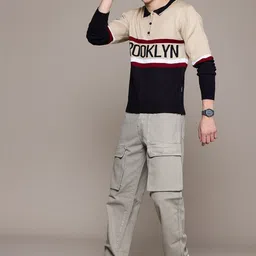 roadster Men Self Design Crew Neck Beige Sweater image 3