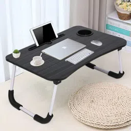 deskflex Wooden Multipurpose Foldable & Portable Black Laptop Table With Tab Holder & Cup Wood Portable Laptop Table image 1