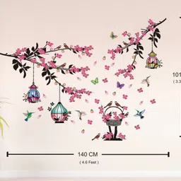 heaven decors 140 cm Tree Branch With Flower And Birds Cage Nature Stickers ( size 140x101 cm ) Self Adhesive Sticker image 3