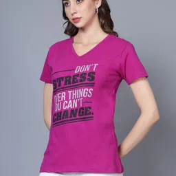 fleximaa Women Typography V Neck Pure Cotton Pink T-Shirt image 4