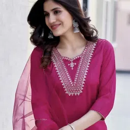 stylocollection Women’s pinkCotton Kurti Pant Dupatta Set Embroidered Kurta, Trouser/Pant & Dupatta Set image 2