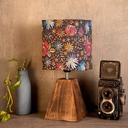 Black Floral Stitch Pyramid Multicolor Canvas Shade Table Lamp With Brown Base By Green Girgit image 2