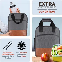 hvh world Grey Design-Tan Faux Leather & PVC with Detachable strap Tiffin bag HV-TB16 Lunch Bag image 4