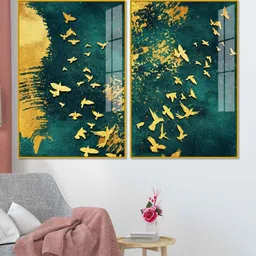 vibecrafts Golden Birds Group Flying Acrylicframed Art Panel (Set Of 2) image 1