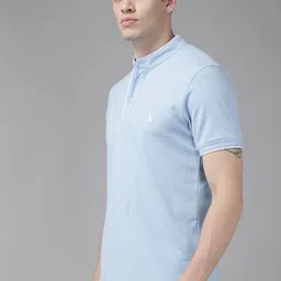 roadster Men Solid Mandarin Collar Pure Cotton Blue T-Shirt image 3