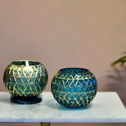 manor house Classic Blue Mosiac Glass (Set of 2) Tea Light Holders by Citilites image 2