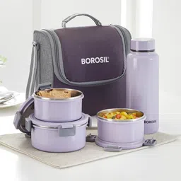 borosil Glory Lavender Steel Lunchbox, 3pc (280ml x 2 + 460ml x 1) + 1 (600ml) Bottle 3 Containers Lunch Box-picture-17