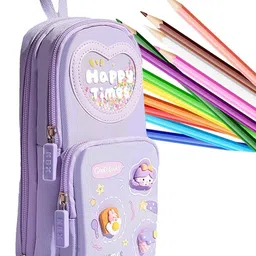ar jouiet mension 3 Layer Soft Pencil Pouch School Stationery Large Capacity Pouch for kids with 3 Sticker Art Plastic Pencil Box image 4