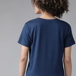 roadster Women Solid V Neck Pure Cotton Dark Blue T-Shirt image 5