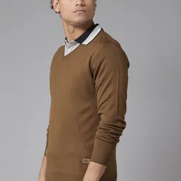 roadster Men Solid V Neck Brown Sweater image 1