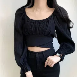 tooba enterprises Casual Puff Sleeves Solid Women Black Top-picture-27