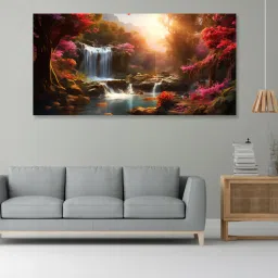 nestroots Canvas Framed Enchanted Forest Waterfall Pink Serenity Wall Painting(12X24 Inch)-picture-37