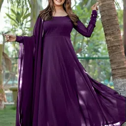 js creative Solid Georgette Stitched Anarkali Gown image 2