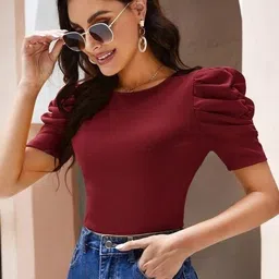 popwings Casual Puff Sleeves Self Design Women Maroon Top image 3