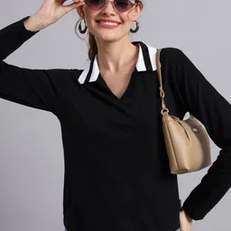 the dry state Women Solid Round Neck Pure Cotton Black T-Shirt-picture-21