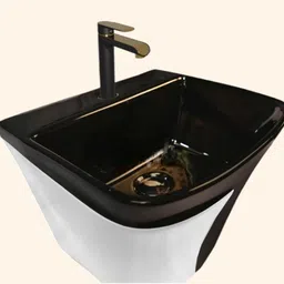 solano Premium Quality (HB :021 )Designer Ceramic Shining Black Semi Pedistal Wash Basin With Steel Grey Matt Finish Wall Hung Basin image 3