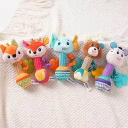 jinglers 5 in 1 Soft Rattle Toy for Baby with Teether Crinkle Ears&Squeeky Sound Rattle-picture-11