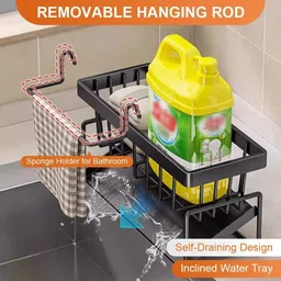 omkrush Dish Drainer Kitchen Rack Kitchen Sink Organizer Rack – Sponge Holder with Drain Tray & Towel Bar Cast Iron image 5