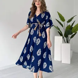 manojava Women Fit and Flare Blue Midi/Calf Length Dress-picture-10