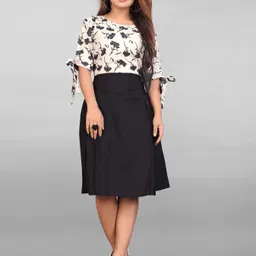 threadhunter Women Fit and Flare Beige, Black Knee Length Dress-picture-26