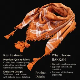 bakkah Checkered Wool Blend Men Orange, White Scarf, Stole image 3